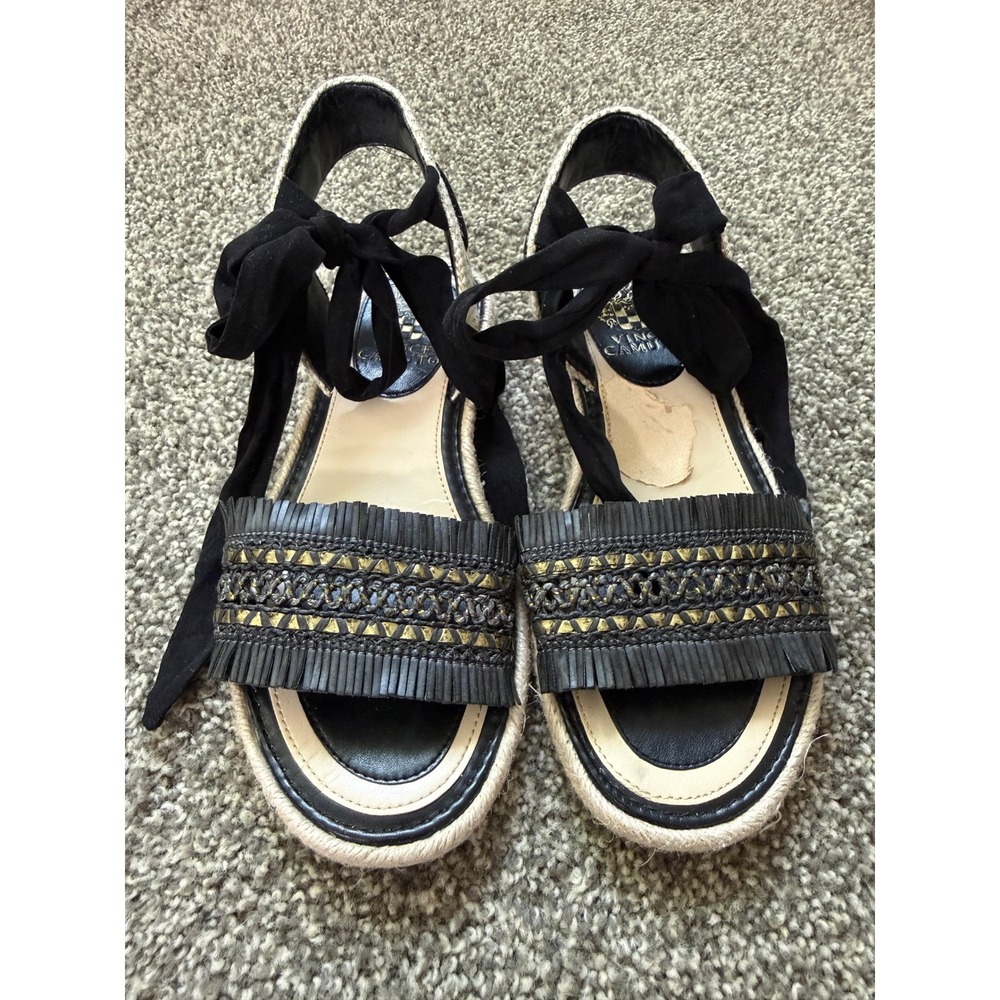 Vince Camuto Espadrille Sandals Womens 6.5 Black Fringed Studded Ankle Tie Boho